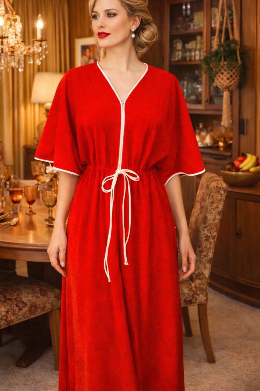 Vintage 70s Vanity Fair Red Velour House Coat Robe Maxi Caftan Lounge Dress Sz M